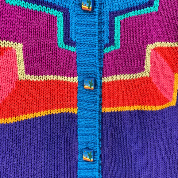 PERUVIAN CONNECTION Vintage Cardigan Sweater Womens Small Multi Cotton Geometric - Picture 7 of 16